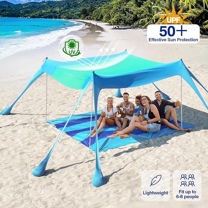 Rhino Valley Beach Tent Sun Shelter, Beach Canopy Tent Sun Shade UPF50+ Protection with 8 Sandbags 4 Stability Poles, Outdoor Beach Shade Canopy for Beach, Camping, Fishing