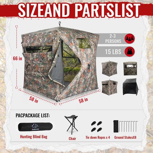 Zoebruzer Pop-Up Hunting Blind with Seat & Carrying Bag, 2-3 Person 300D Ground Blind, 270° View Portable Camo Tent for Deer & Turkey Hunting, Durable & Lightweight Design