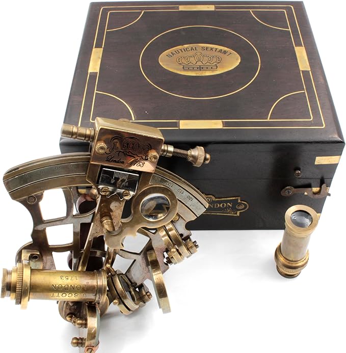 OCEAN REPLICAS J. Scott London Brass Ship History Sextant with Hardwood Box. Vintage Solid Antique Brass Nautical Functional Maritime Sextant | Nautical Navy Decor Gifts