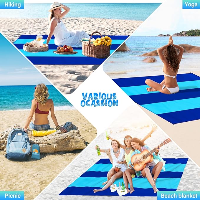 Beach Blanket Waterproof Sandproof 1-7 Adult Oversized 78 '' × 81 '' Lightweight Durable Compact Sand Free Beach Mat for Travel Camping Hiking Picnic Blanket