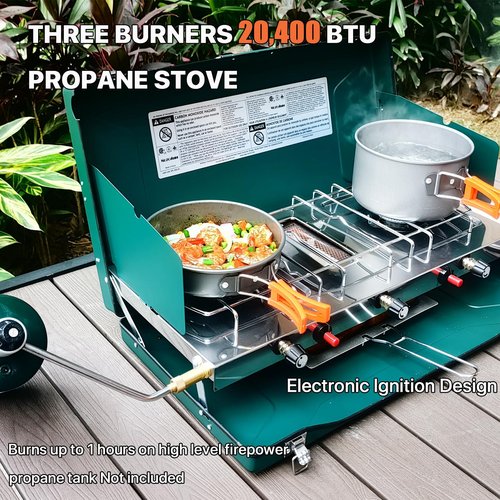 MOZODAWN 2 Burner Propane Camping Stove, 20400 BTU Portable Camp Stove Grill with Wind Guards, Bread Toast Tray, Push-Button Instant Ignition, Camping, Picnics, Backyard BBQ
