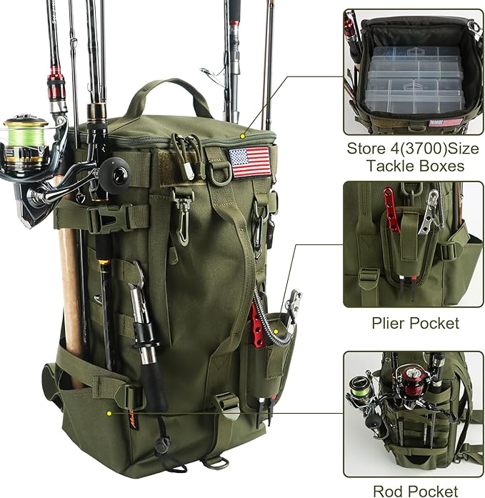 Fishing Backpack Tackle Bag, Fishing Backpack with Rod Holders Large Storage Fishing Tackle Box Backpack, Fishing Rod Bag for Carrying Fishing Gear and Equipment, Fishing Gifts for Men, RBG02