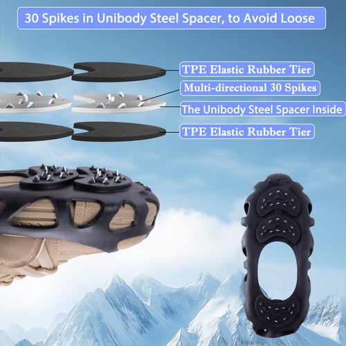 Ice Cleats, Ice Cleats for Shoes and Boots, Crampons for Shoes with 30 Spikes Anti Slip Snow Shoes(Large)