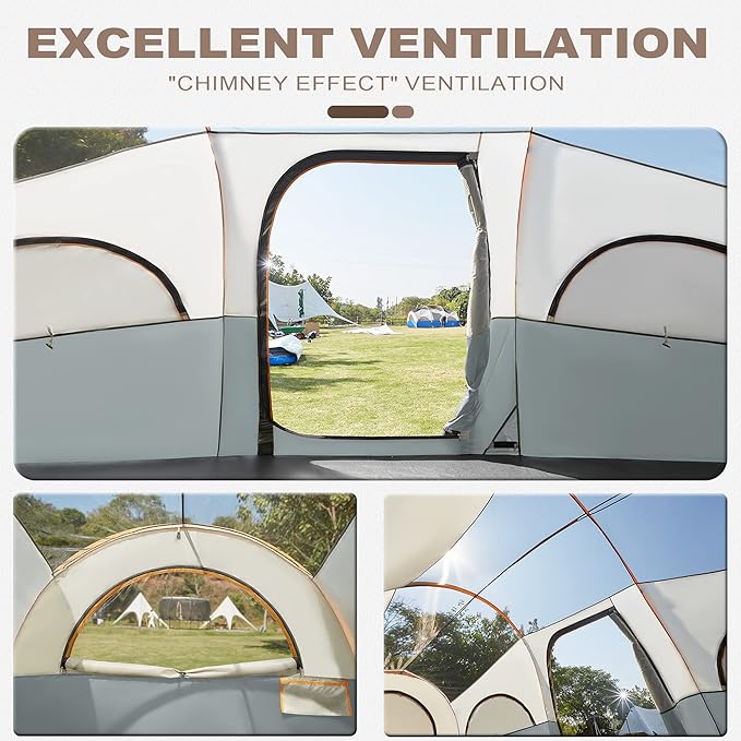 8 Person Tent for Camping, Waterproof Windproof Family Tent with Rainfly, Divided Curtain Design for Privacy Space, Portable with Carry Bag