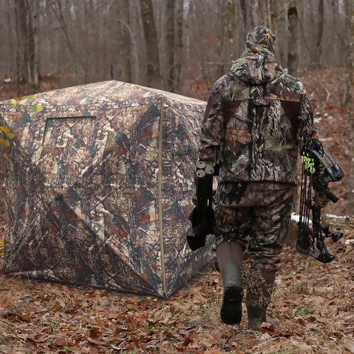 Zoebruzer Pop-Up Hunting Blind with Seat & Carrying Bag, 2-3 Person 300D Ground Blind, 270° View Portable Camo Tent for Deer & Turkey Hunting, Durable & Lightweight Design