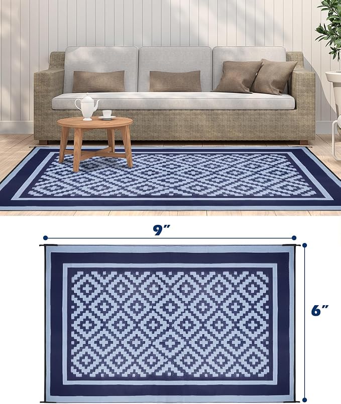 Kohree Outdoor Rug Waterproof 6x9 ft, RV Outdoor Plastic Straw Rug for Patios Clearance,Reversible Area Rug for Camping,Balcony,Deck,Blue