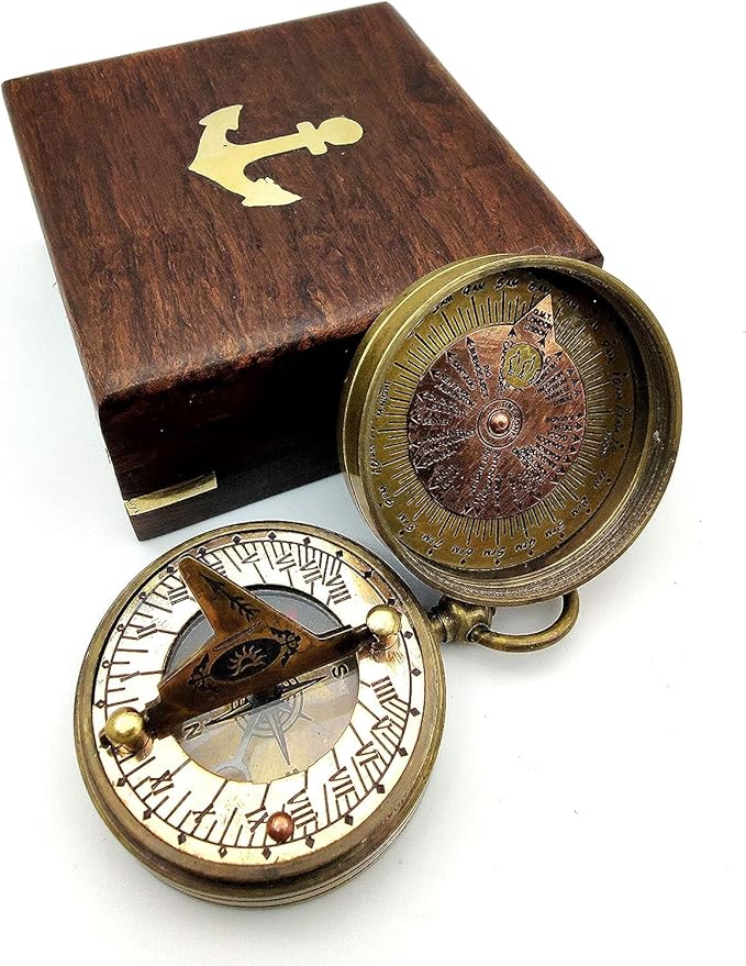 OCEAN REPLICAS Pocket Sundial Compass, Both Side Handwork on The Sundial Bird with Wooden Box.