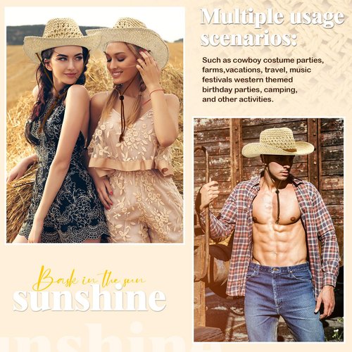 Newcotte 9 Pack Straw Cowboy Hats for Women Western Cowgirl Beach Sun Hat Bulk with Windproof Rope for Party Travel(Beige)