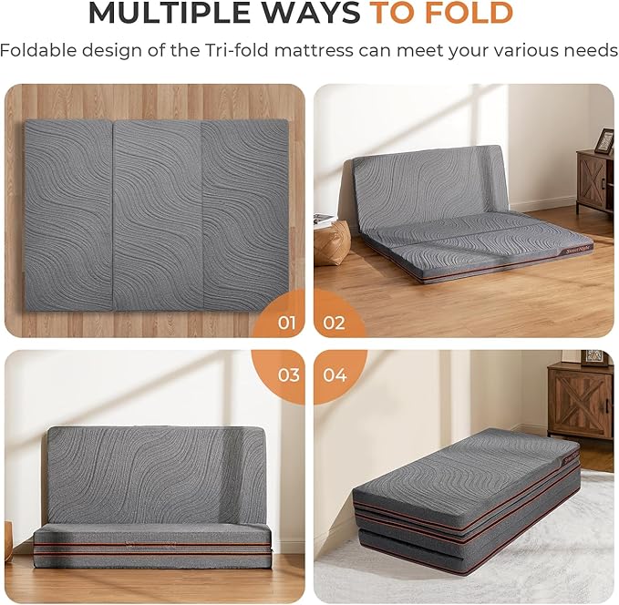 Sweetnight Trifold Mattress with Carry Bag - 4 Inch Portable Floor Mattress with Breathable & Washable Cover | Foldable Mattress Topper for Travel, Camping, Guest Grey Full