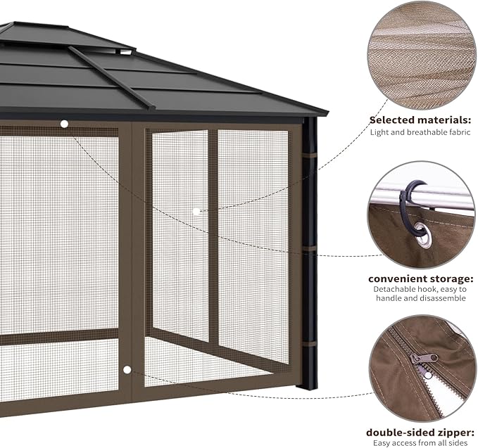 Gazebo Replacement Mosquito Netting Outdoor Universal Gazebo Canopy 4-Panels Screen Sidewalls with Zipper for Patio Garden Yard Backyard (Mosquito Net Only) (10x10, Coffee)
