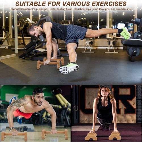 EVERYMATE Calisthenics Wood Parallettes Bars, Wood Push Up Bars Calisthenics Equipment for Home, Push Up Handles for Floor, Handstand Push Up Handles, Wrist Wraps Included
