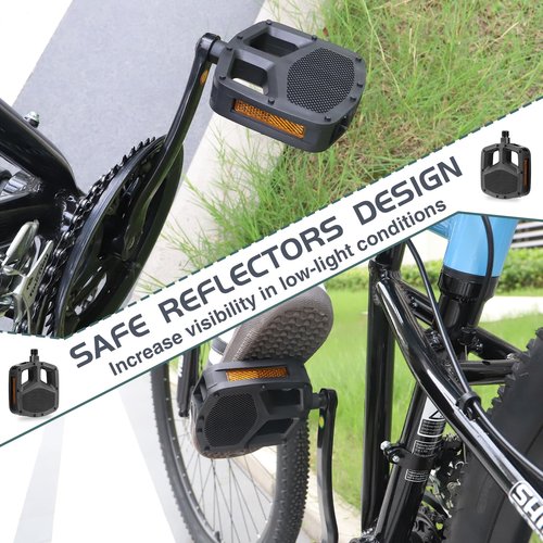 PP 9/16 Inch Mountain Bike Pedals - 1 Pair with Reflective Strips, Non-Skid Platforms, Waterproof for Road, Mountain, E-Bike & BMX