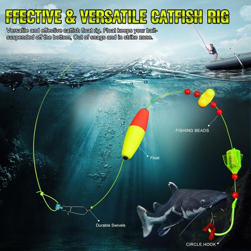 PROBEROS Catfish Rigs Fishing Rig - Bank Fishing Catfishing Tackle Floats Rattler Beads Rig Kit with Snaps 10/0 Circle Hooks Catfishing Rigs 5pcs/Set
