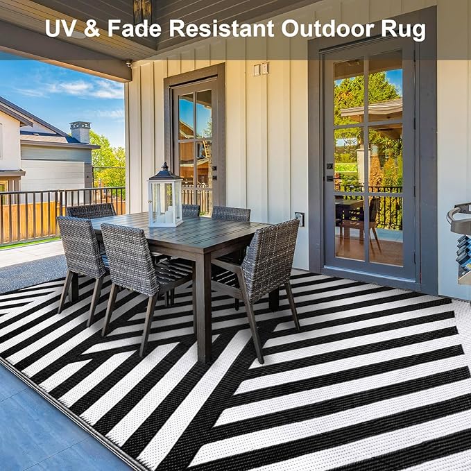 Outdoor Patio Plastic Straw Rug - 8'x10' Outdoor Camping Rug Waterproof Reversible, Area Carpet Patios Clearance RV, Outside Porch Balcony Deck for Camper, White & Black