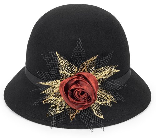 Women's Classic 1920's Wool-Cloche-Hat Vintage Bowler-Hat Cloche-Bucket-Cap with Rose Bow