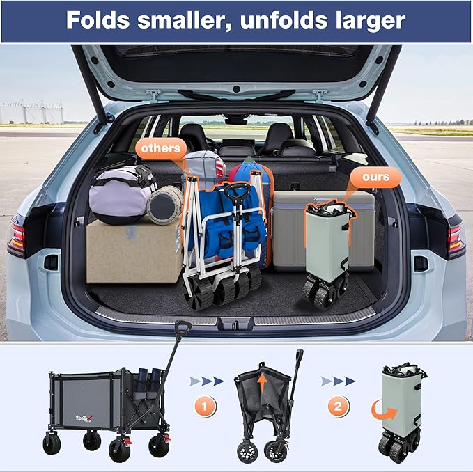 Collapsible Wagon Cart Foldable with Big Wheels Brakes, 250lbs Folding Utility Lightweight Garden Wagon, Portable Grocery Cart for Camping Shopping Sports Pets, Grey