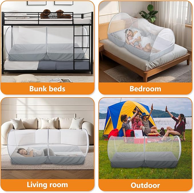 Pop Up Mosquito Net for Bed - Portable Mosquito Tent with Dense Mesh - Bed Tent with Easy Fold Durable Mesh for Camping, Travel, Bunk Beds and Home Protection (White Gery)