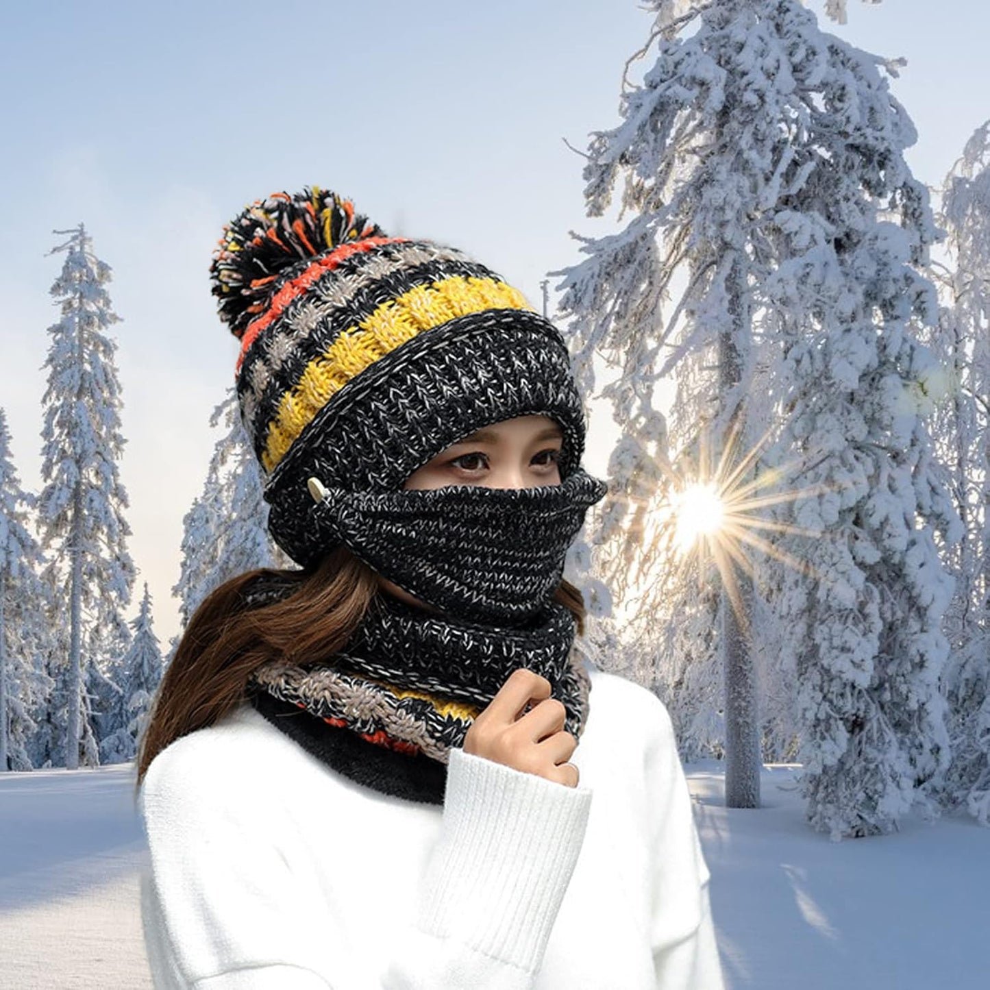 Ypser Women's Winter Warm Knitted Crochet Hat Fleece Lined Cable Faux Fur Pom Pom Beanie Hat Skull Cap
