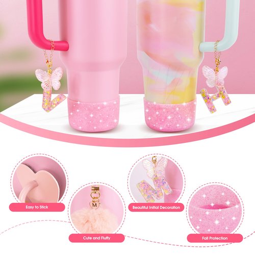 WINOWIMO 8 Pcs Pink Accessories Set for Stanley Cup 30 oz 40 oz, Silicone Glitter Boot, Star Straw Cover, Pom-Pom Charm, Letter Charm, Water Bottle Handle, Initial Sticker for Stanley Tumbler (M)