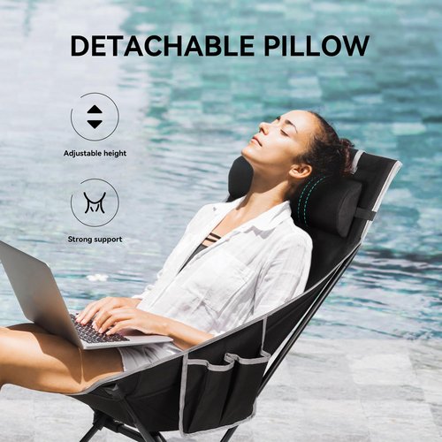 diwaite Portable High Back Camping Chair, Support Heavy Duty 440 lbs, Compact Folding Backpacking Chair with Detachable Pillow for Camp, Hiking, Backpacking(Black)