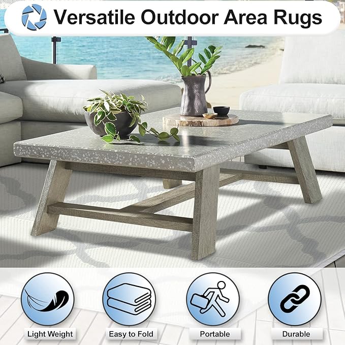 OutdoorLines Outdoor Plastic Area Rugs for Patio 6x9 ft - Reversible Outside Carpet, Stain & UV Resistant RV Mats, Straw Rug for Camping, Deck Garden, Porch and Balcony, Moroccan/Beige & Light Grey