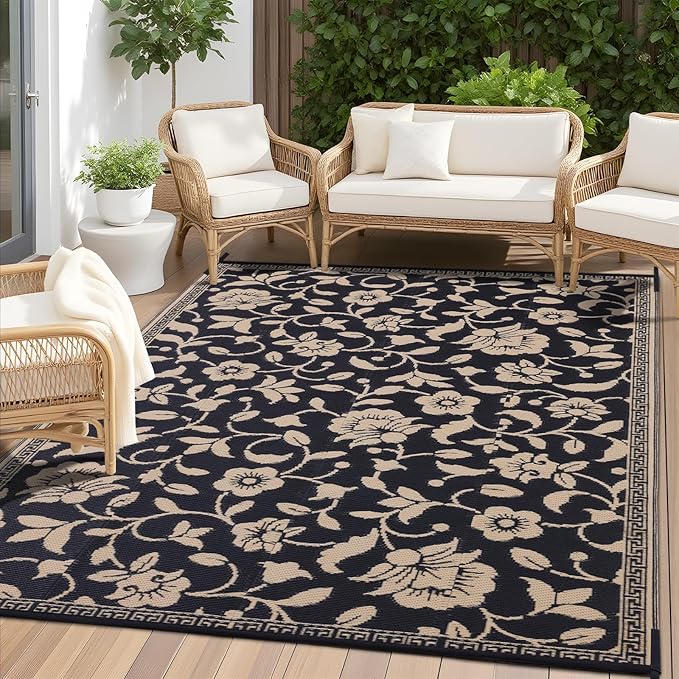 OLANLY Waterproof Outdoor Rug 8x10 ft, Outdoor Plastic Straw Rug with Flower Pattern, Reversible RV Mat for Patio, Camping, Balcony, Deck, Backyard, Black & Beige
