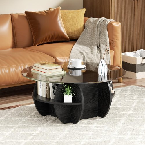Round Coffee Table, Modern Coffee Table Glass Top with Solid Wood Base, Large Rustic Circle Center Cocktail Table Unique Accent Glass Coffee Table for Living Room (Round)
