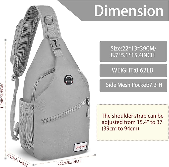 ZOMAKE Sling Bag for Women Men, Small Crossbody Sling Backpack, Mini Water Resistant Shoulder Daypack for Travel, Anti Thief Chest Bag for Hiking, Sports, Grey(new)