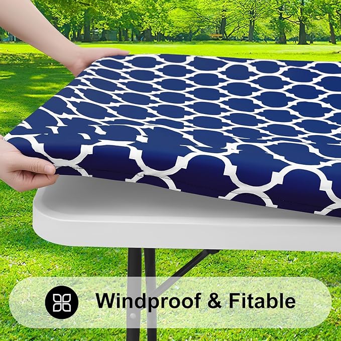 Smiry Rectangle Picnic Table Cover, Waterproof Elastic Fitted Camping Tablecloths for 5 Foot Tables, Wipeable Flannel Backed Vinyl Tablecloth Protector for Indoor, Outdoor (Navy, 36x60 Inches)