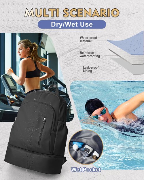 VENATIN Gym Backpack for Women Men, Lightweight Gym Bag with Shoe Compartment, Waterproof Sports Backpack with Wet Pocket, Black