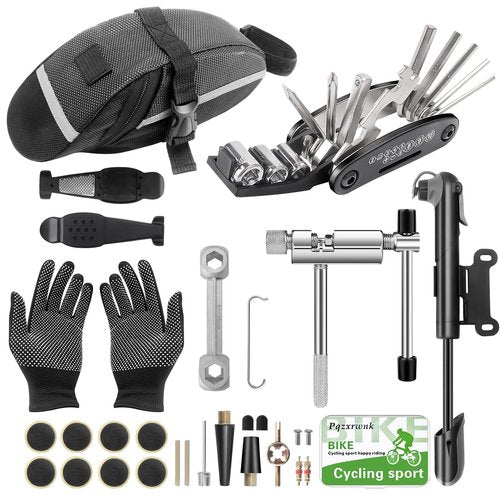 Bike Repair Kit with 120 PSI Mini Pump, 16-in-1 Multitool, Chain Tool, Tire Levers & Glueless Patches, Presta/Schrader, Under-Seat Saddle Bag — 27-Piece Bicycle Tool Set