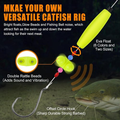 SILANON Catfish Rig Tackle Making Kit,135pcs Catfishing Tackle Accessories with Catfish Floats Catfish Hooks Swivels Fishing Rattles Bells Beads Bobber Stoppers Catfishing Gear Equipment