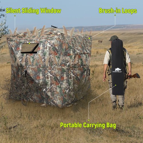 Rhino Valley Hunting Blind 360° See Through, 2-3 Person Pop Up Ground Blinds with Carrying Bag, Portable Resilient Hunting Tent with Silent Magnetic Door & Sliding Windows for Deer Turkey