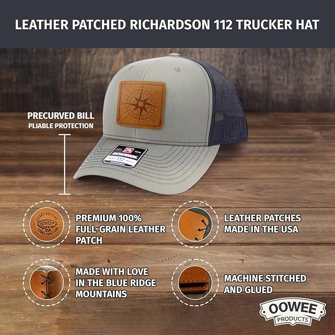 Leather Patch Hat for Men - Richardson 112 Trucker Hat w/Full-Grain Leather Patch, Laser-Engraved, Machine-Stitched
