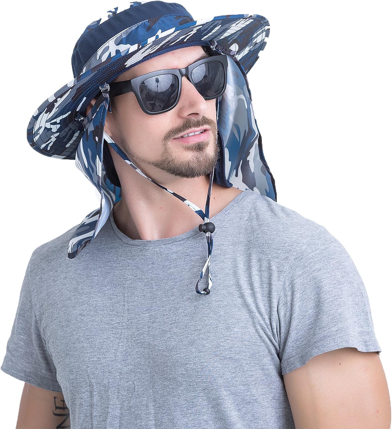 YR.Lover Outdoor UV Sun Protection Wide Brim Fishing Cap with Removable Flap