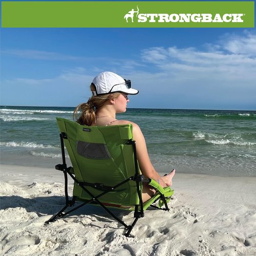 STRONGBACK Low Gravity Beach Chair with Built-in Lumbar Back Support - Heavy Duty Portable Folding Beach Chair for Adults - Lime Green
