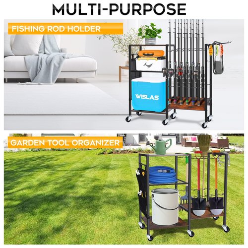 NAICKUC Fishing Rod Holders for Garage, Pole Holders with Wheels for 12-Rods, Fishing Rod Rack with 3 Tier Storage Organizer, Fishing Gear Equipment Organizer Cart, Ideal Gifts for Men Dad