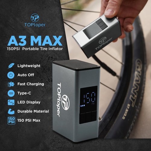 TOPtoper Tiny Bike Pump with Gauge, Max 150 PSI Portable Bicycle Tire Pump with Auto Stop, Mini Electric Bike Air Pump with Presta and Schrader Valve