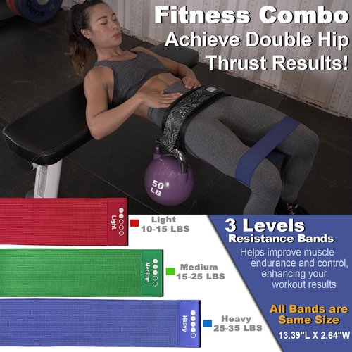 Coniflor Hip Thrust Belt with 3 Fabric Resistance Bands - Adjustable Fitness Belt for Dumbbells, Kettlebells, Plates - Support Up to 100 lbs - Upgrade Slip-Resistant Pad for Glute Workouts at Home Gym