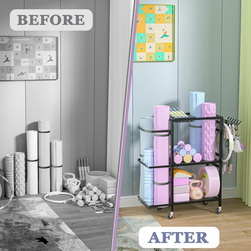 Home Gym Storage Rack, 3 Tier Yoga Mat Storage Rack with Wheel for Yoga Lover, Exercise Equipment and Workout Equipment Organizer, Yoga Mat Holder for Yoga Mats, Foam Roller and Dumbbells(Black)