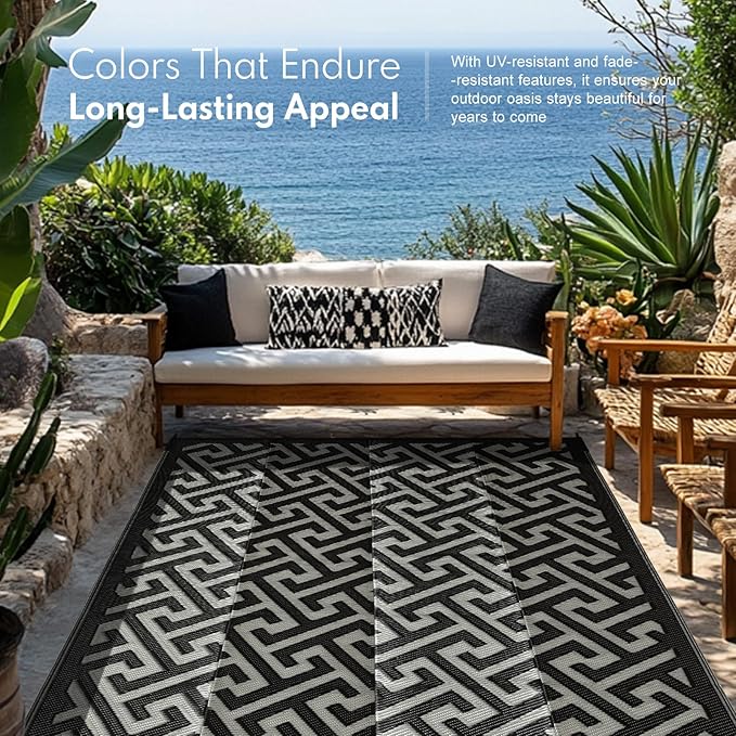 Waterproof Outdoor Rug 5x8 ft, Reversible Plastic Straw Rug, Easy to Clean Patio Rug, Portable Carpet for Patio, RV, Deck, Balcony, Backyard, Picnic, Beach, I-Shaped, Black