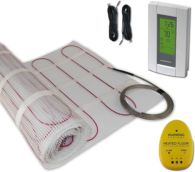 25 Sqft 120V Electric Radiant Floor Heating Mat – Includes Heating Mat, Programmable Thermostat, 2 Floor Sensors, Installation Monitor and Under Tile Heater