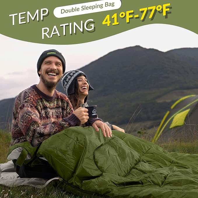 Double Sleeping Bag with 2 Pillows for Adults, Queen Size XL Sleeping Bag Waterproof, Compact with Compression Sack, 2 Person Sleeping Bags for 3-4 Seasons Camping, Backpacking, Hiking, Travel