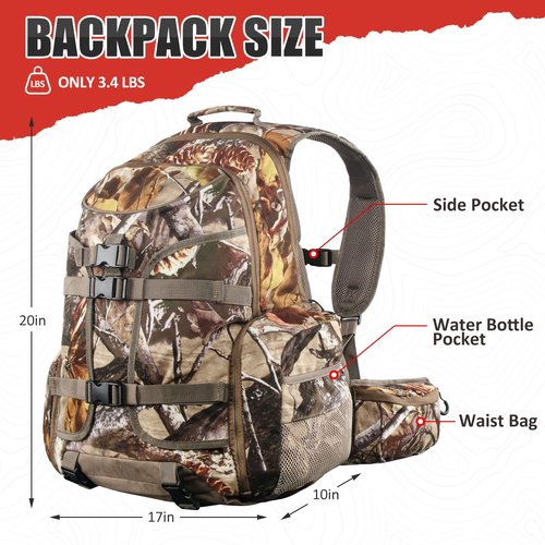 ShedOFF 35L Hunting Backpack with Waterproof Rain Cover, Large Capacity Day Pack with Holder, Men/Women Deer Hunting Gear Hunting Accessories (Camo Pine-Cones)