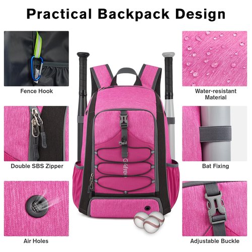G4Free Baseball Bag for Youth Adults, Softball Backpack with Shoe Compartment, Large Bat Backpack with Fence Hook, Lightweight T-ball Gear Bag