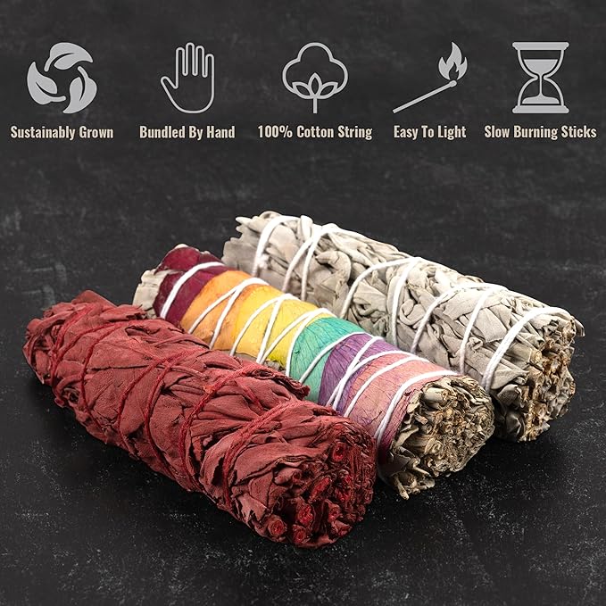 Wish Well Sage Smudge Kit ~ 4" Dragon Blood, Chakra Sage, White Sage Smudge Stick, 2 Palo Santo Sticks, Abalone Shell, Stand, Feather, 7 Chakra Stones & Crystal Bracelet ~ Cleansing House & Meditation