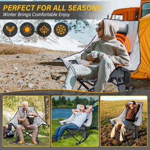 SOROVEE Heated Camping Chair Oversize, XL Heated Rocking Chair with 3 Levels for Back and Seat, Portable Outdoor Heated Folding Chair, Heavy Lawn Chair for Camping (Grey, Included Power Bank)