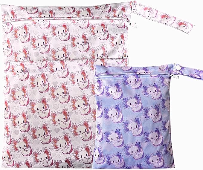 Wet Dry Bag with Two Zippered Pockets, Waterproof Reusable 2pcs Axolotl Wet Bags for Swimsuits, Beach, Swimming Pool,Dirty Yoga Clothes,Travel,Makeup Bag, Fitness, Storage Bag With Handle