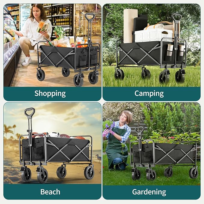 Collapsible Wagon Cart Foldable, 35" L Folding Beach Wagon with All-Terrain Wheels, Heavy Duty Shopping Cart with 350lbs Large Capacity, Portable Camping Wagons Carts for Grocery Garden, Black