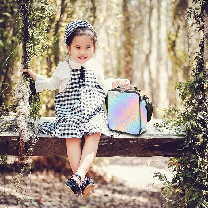 Leopard Print Kids Lunch Bag Rainbow Leopard Skin Insulated Lunch Box Mini Cooler Back to School Thermal Meal Tote Kit Bento Tote Bags Thermal Lunchbox for Boys Girls